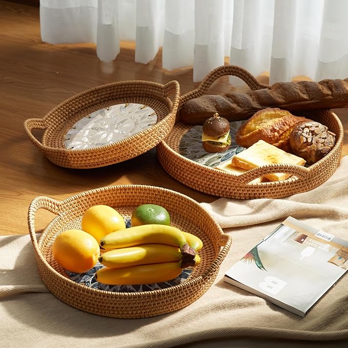 Round Rattan Tray Set (3-Piece) with Mother of Pearl Inlay & Wooden Base | Decorative Wicker Serving Basket | Storage for Coffee, Bread, Fruit | Table, Kitchen Island Decor