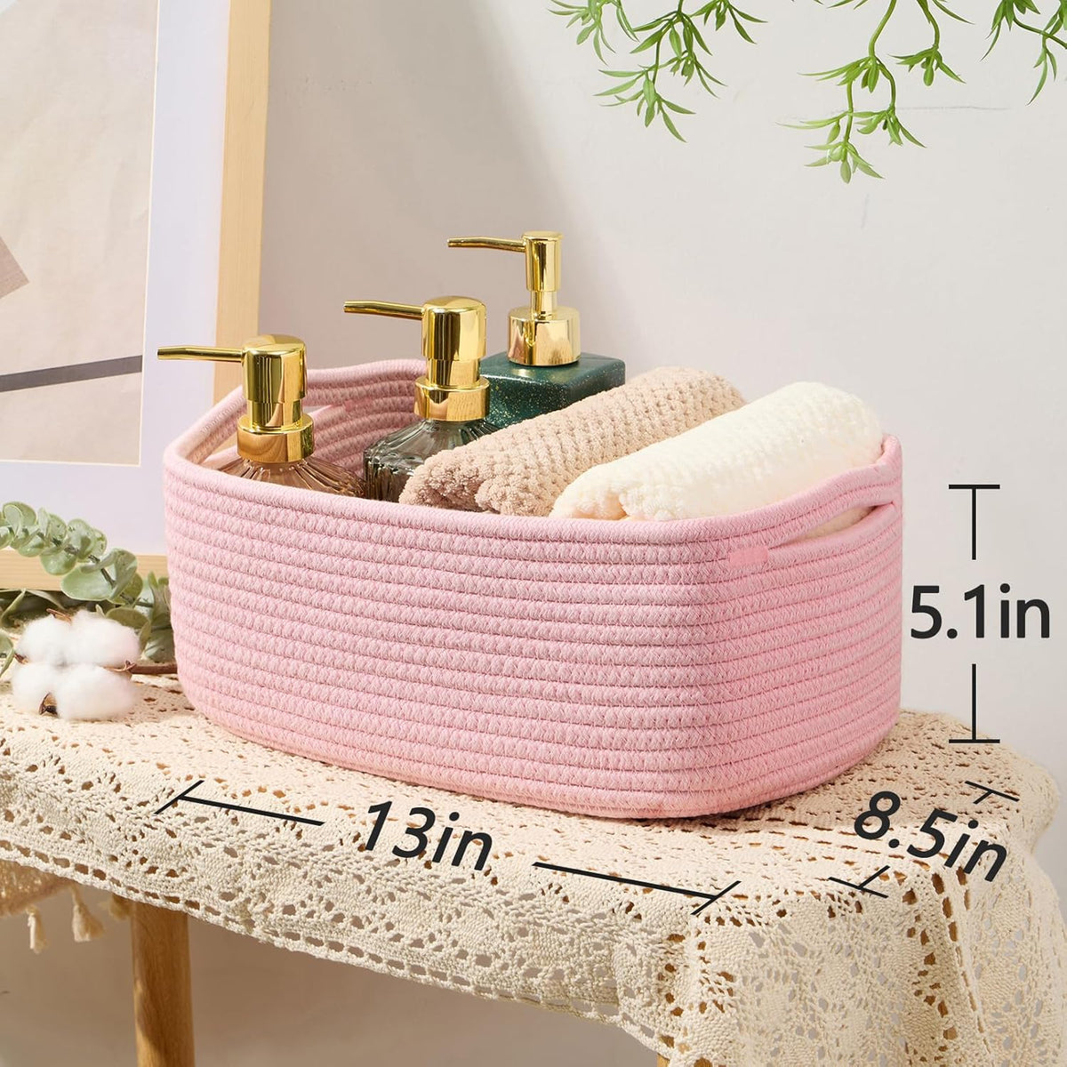 Small Storage Baskets for Organizing | Closet Organizer Bins | Shelf Toy Basket | Woven Rope Baskets | Cube Decorative Box | Shallow Basket | 13x8.5x5.1” | 3 Packs Light Pink