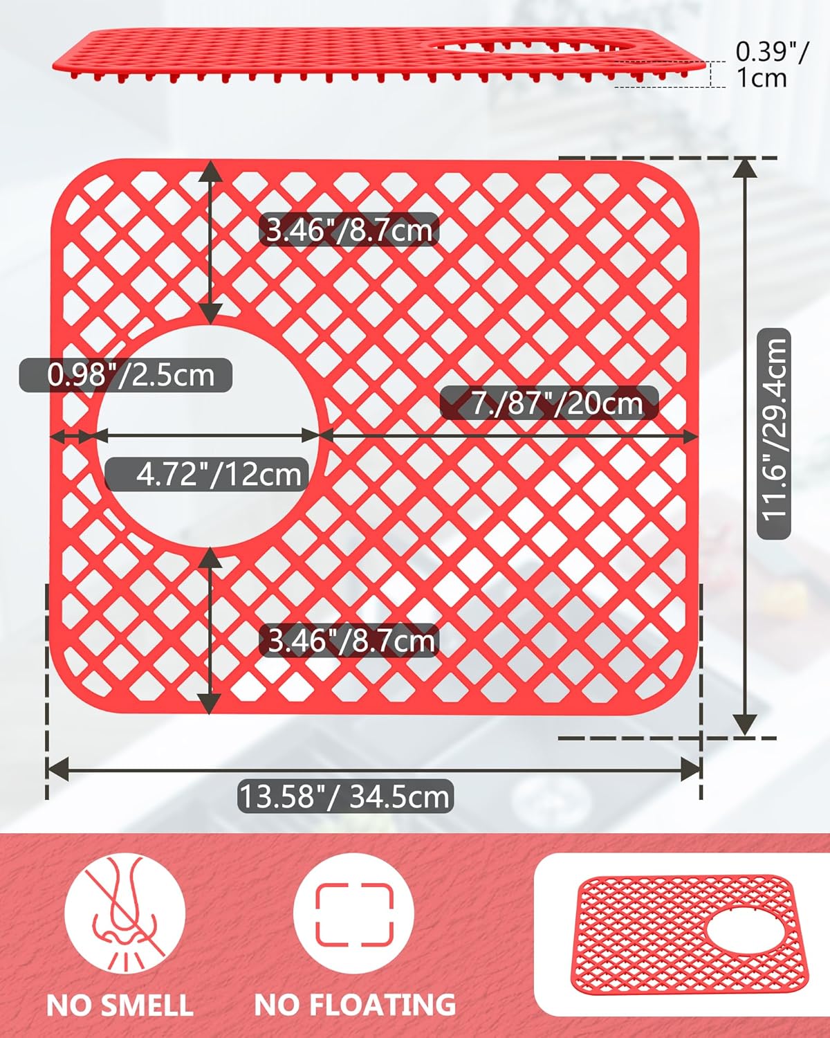 2 Pack Silicone Sink Protectors for Kitchen Sink, Lozenge Pattern 13 x 11 Inches Sink Mat, Non-Slip and Durable Sink Protector Silicone, Rear Drain, Red