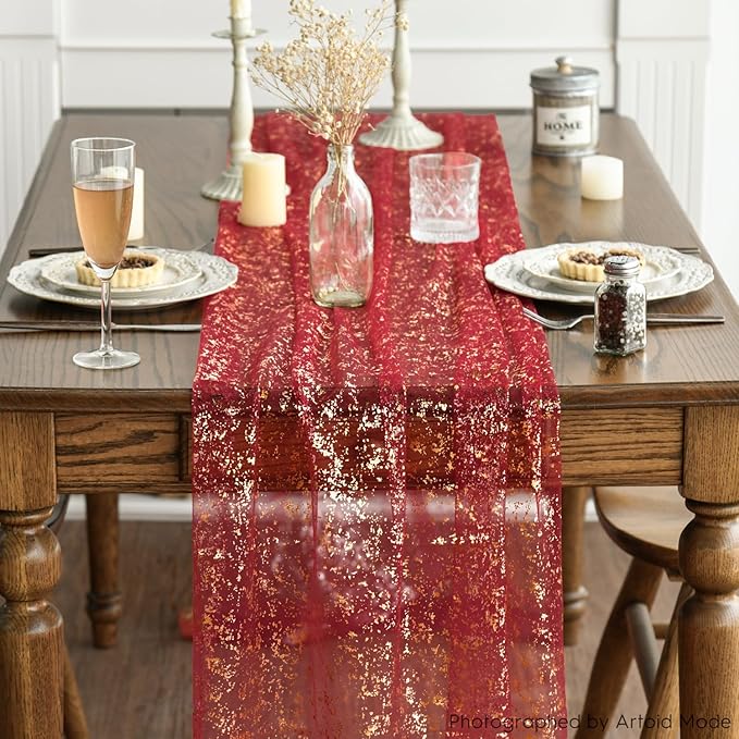 Artoid Mode 6PCS Red Gold Gauze Table Runner 120 Inch 10FT, Glitter Metallic Foil Sheer Dining Wedding Anniversary Holiday Table Decor for Home Party