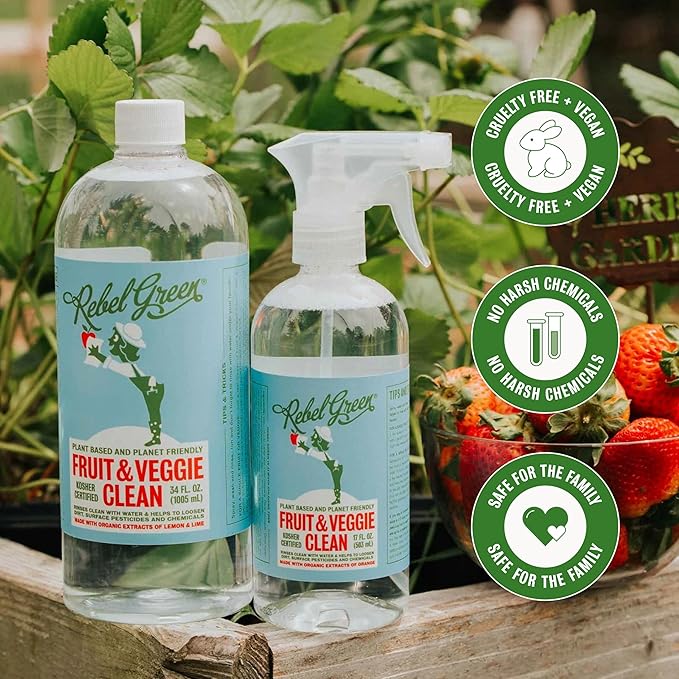 Rebel Green Fruit & Veggie Clean - Plant-Based Produce Cleaner - Natural Fruit and Vegetable Wash with No Aftertaste - Chemical & Wax Removal - Made with Organic Extracts of Citrus - 6 Pack 17 FL OZ