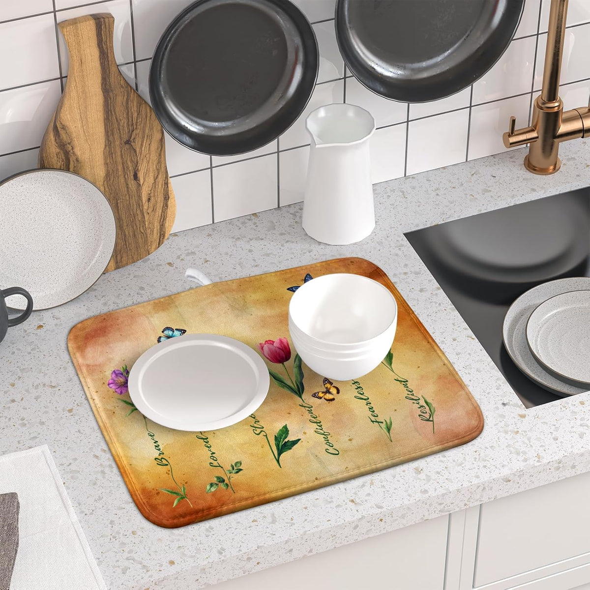 Inspirational Words Dish Drying Mat - Vintage Floral Kitchen Dish Dry Mat for Women 16 X 18 Inch