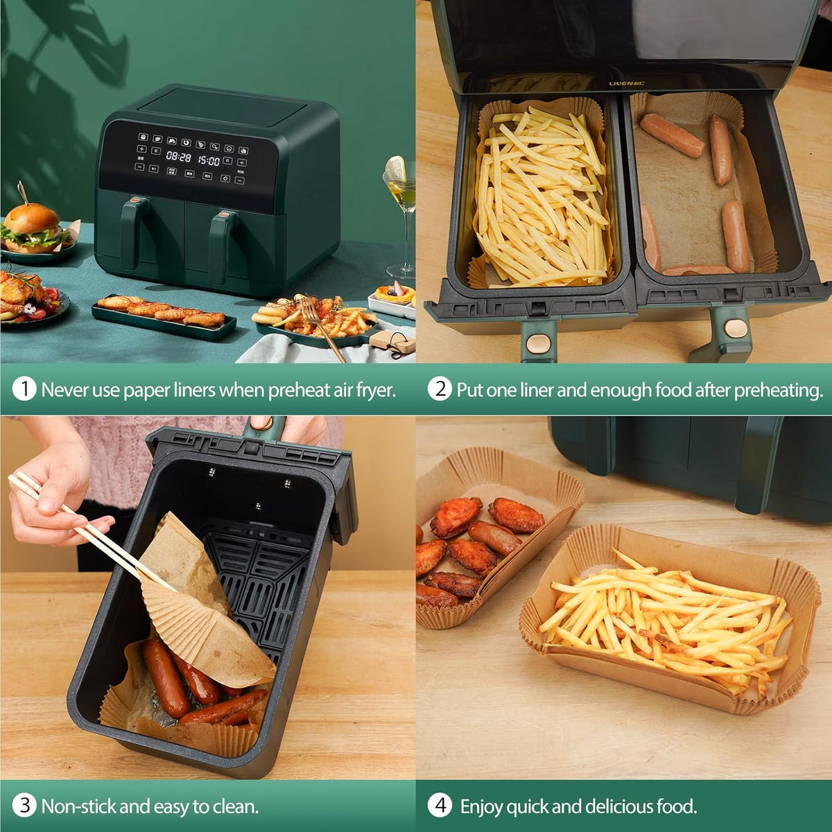 Vailnd Air Fryer Paper Liners Disposable - 50 PCS 8.6x5.5 Inch Rectangle Parchment Paper Sheets, Food Grade Baking Paper for Dual Basket Air Fryer, Oilproof, Waterproof