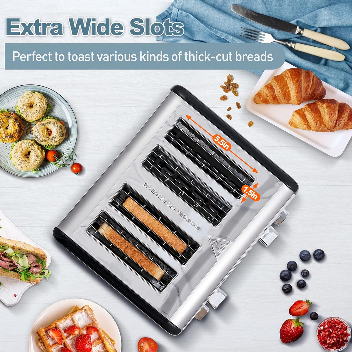 CUSIMAX 4 Slice Toaster, Stainless Steel, Ultra-Clear LED Display & Extra Wide Slots, with Dual Control Panels of 6 Shade Settings, Cancel/Bagel/Defrost Function, Removable Crumb Trays, Black