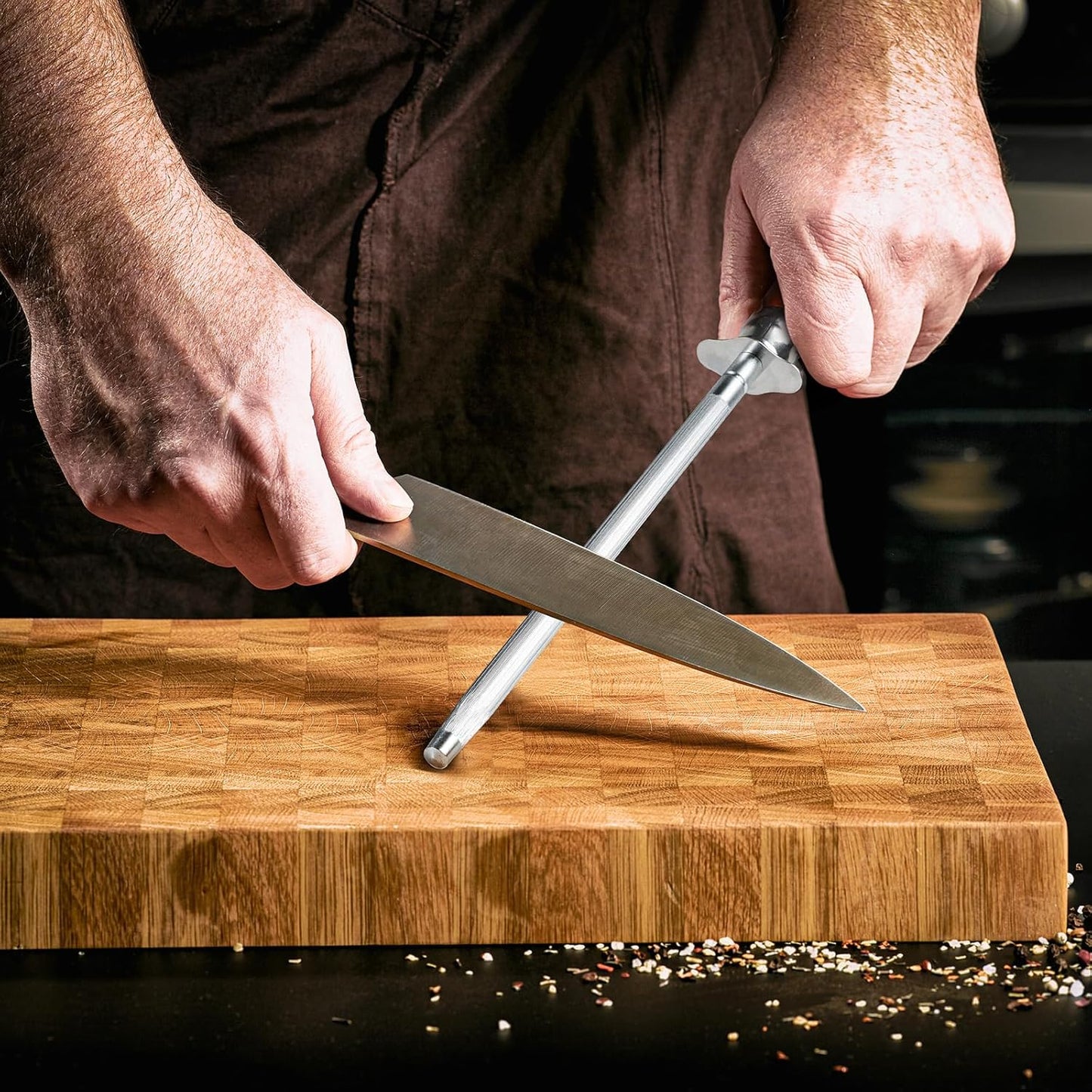 Knife Sharpener Rod, Kitchen Knives Sharpener Carbon Steel Professional Knife Sharpening Steel, Honing Rod with Hanging Holes (13 inches), W