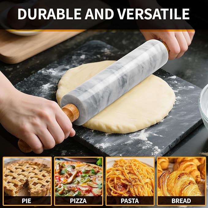 16.7 Inches Marble Rolling Pin for Baking with Wooden Handles & Wooden Cradle - Rolling Pin for making Pizza Dough & Tortillas, Dough Roller for Pasta, Cookie, Pie Crust and More!