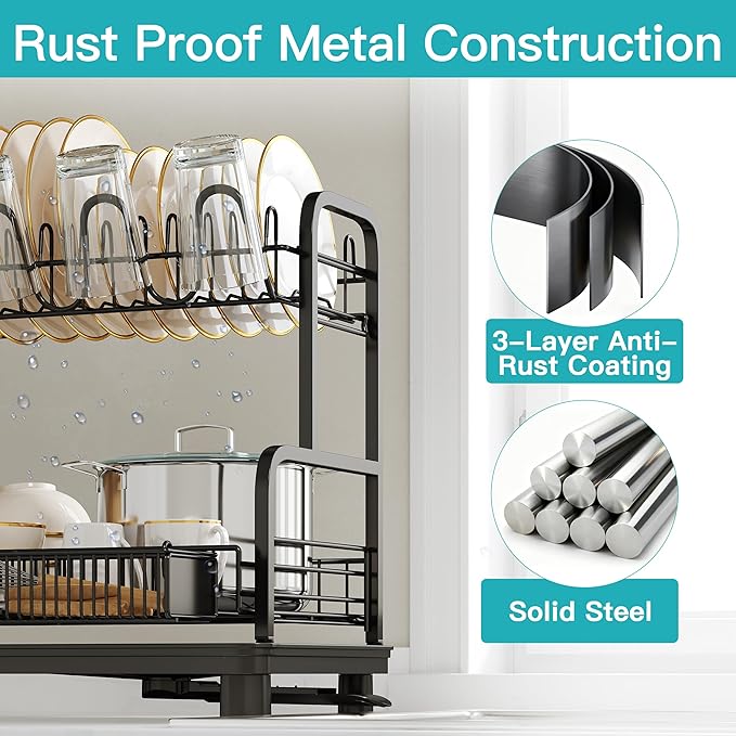 romision 2 Tier Compact Stainless Steel Dish Drainers Drying Rack for Kitchen Counter, Space Saving, Rust Proof Plate Strainers Holder On Countertop with Drainboard, Modern Black, Small