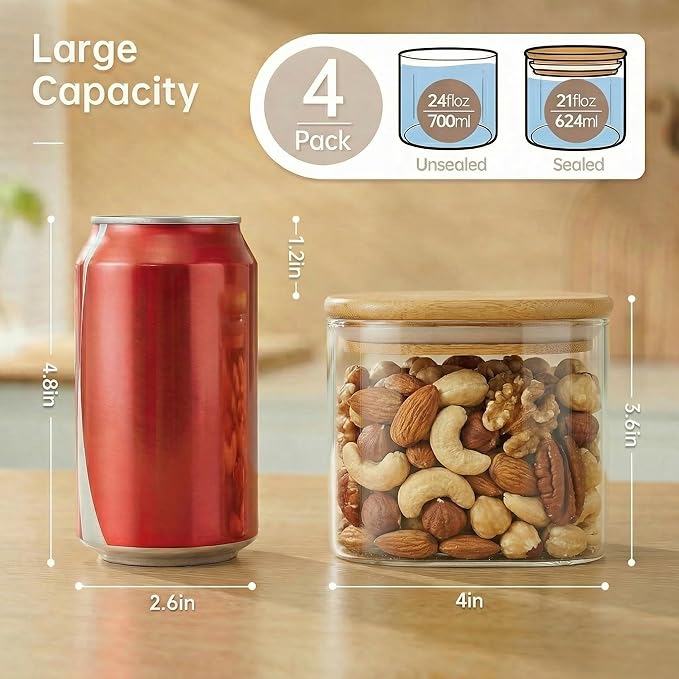 21oz - 4 Pack Square Glass Jars with Bamboo Lids, Glass Food Storage Containers with Airtight Lids, Air Tight Pantry Storage Containers for Coffee, Sugar, Spice, Meal Prep Jars for Salad & Fruit