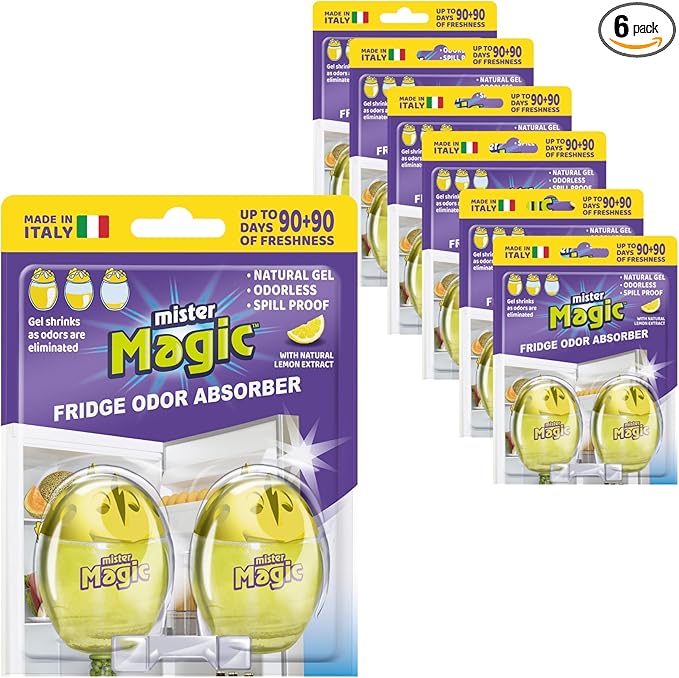 Mister Magic Refrigerator Odor Absorber – Lemon Formula Gel, Odorless Fridge Deodorizer, Neutralizes Food Odors, Lasts Up to 90 Days, Safe for Food, Kitchen Supplies (6 Pack, Contains 12 Units)