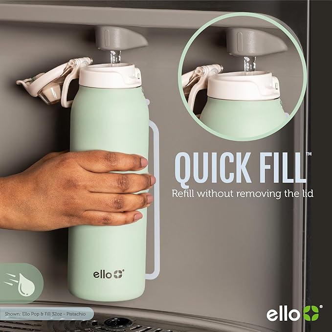 Ello Pop & Fill 32oz Stainless Steel Water Bottle with QuickFill Technology, Double Walled and Vacuum Insulated Metal, Leak Proof Locking Lid, Straw and Chug, Reusable, BPA Free, Full Bloom