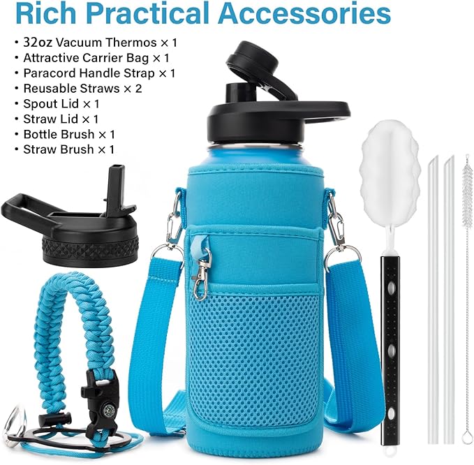 DYSANKY Insulated Water Bottle | Thickened Stainless Steel Vacuum Metal | Portable Sports Water Jug for Gym and Hiking with Straw, Carrier Bag, Handle Strap | BPA-Free 32 oz