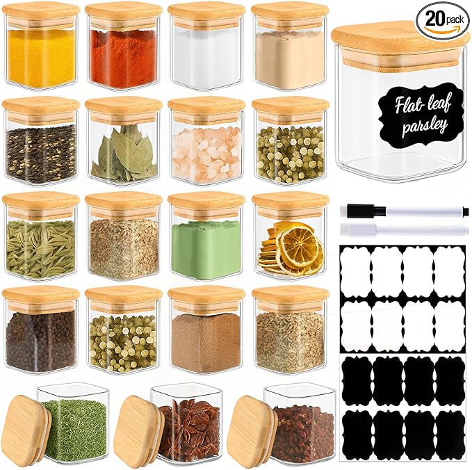 TBWIND 20 Pack 4 oz Square Glass Spice Jars with Lids and Labels – Airtight Small Seasoning Containers Set, Clear Glass Storage Jars for Seasoning, Spices, Kitchen Pantry Organization