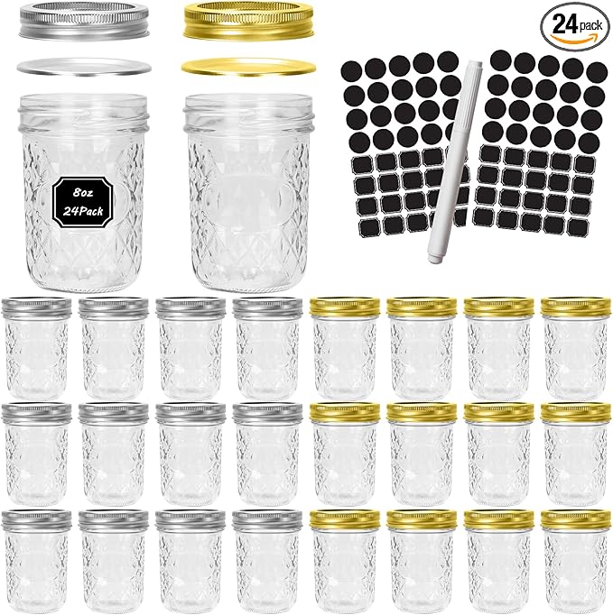 CycleMore Mason Jars 8 oz, 24 Pack Canning Jars with Mixed Color Airtight Lids, Half Pint Canning Jar Ideal for Fermenting, Jam, Honey, Pickling, Wedding/Shower Favors, DIY Decors