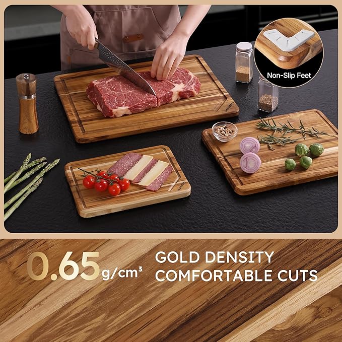 3 Pack Teak Wood Cutting Board Set Non Slip Over Sink Charcuterie Board Serving Heavy Duty Non Toxic Wooden Chopping Board Thick Haus Easy-Grip Handles Ideal Kitchen Gift for Home Cooks