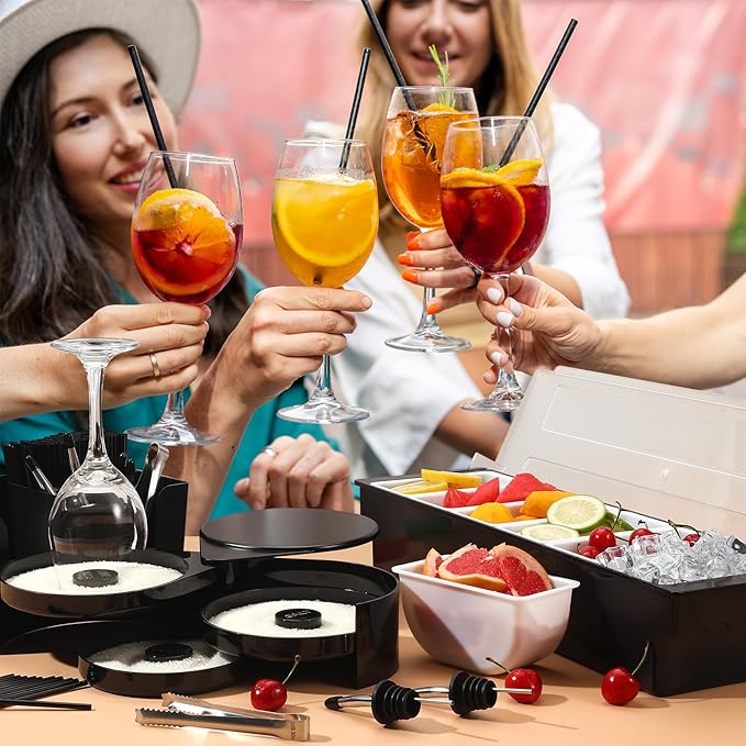 Bartending Supplies - 18" x 12" Bar Mat Garnish Tray with Lid Bar Caddy 3 Tier Bar Glass Rimmer, 2 Plastic Juice Pour Bottles 3 Mini Tongs 12 Classic Liquor Bottle Pourers 500 Cocktail Straws(Black)