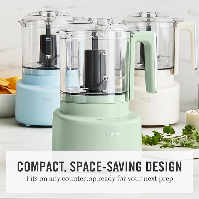 Martha Stewart 3 Cup Electric Food Chopper, Vegetable & Herb Mini Food Processor, 24oz BPA-Free Bowl, Stainless Steel Blades, Pour Spout, Dicing, Mincing, Chop & Puree, Dishwasher Safe, Sky