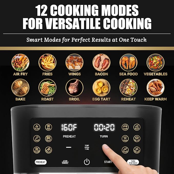 FineMade 12-in-1 Glass Air Fryer Non Toxic,4.5 Quart, Dishwasher-Safe Air fryer Glass Basket, Freidora De Aire De Vidrio, Temperature & Time Programable, PFOA & PFAS Free, Graphite
