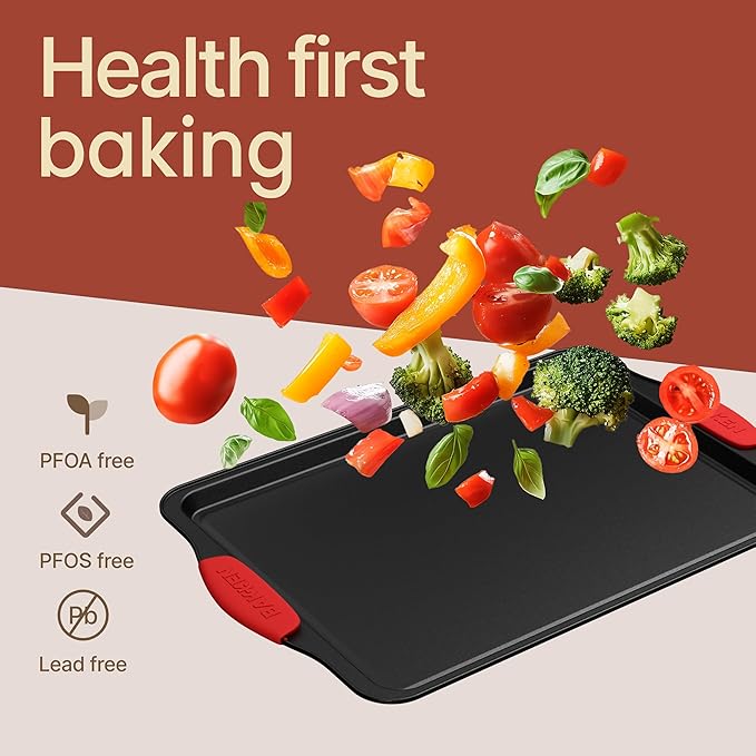 BAKKEN Kitchen Baking Pans - 15.15 x 10.03" Medium Nonstick Sheet, Durable Carbon Steel Cookie Sheet with Red Silicone Handles, PFOA, PFOS, PTFE Free, Oven Safe Tray (Up To 450°F), Set of 1