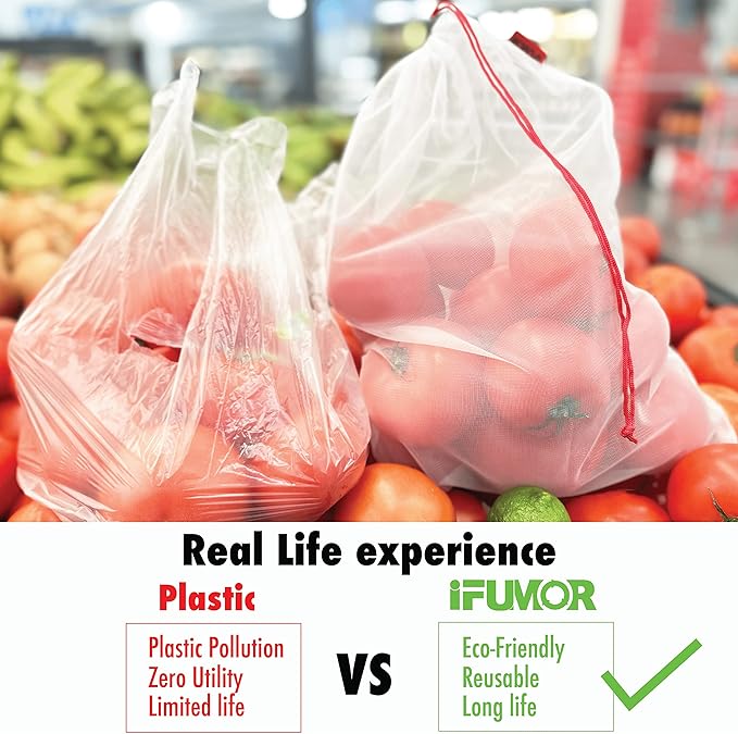 9 Pack Eco Friendly Reusable Mesh Produce Bags Washable Durable Drawstring with Colorful Tare Weight Tags Grocery Storage Vegetable Bags 3 Sizes