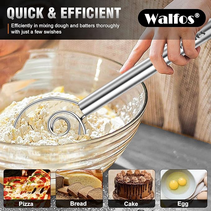 Walfos Danish Dough Whisk, Rustproof Stainless Steel Bread Whisk, Quick Mixing Bread Mixer, Dutch Dough Whisk for Cooking, Blending, Whisking, Stirring, Sourdough, Pizza, Pastry, Cake Batter…