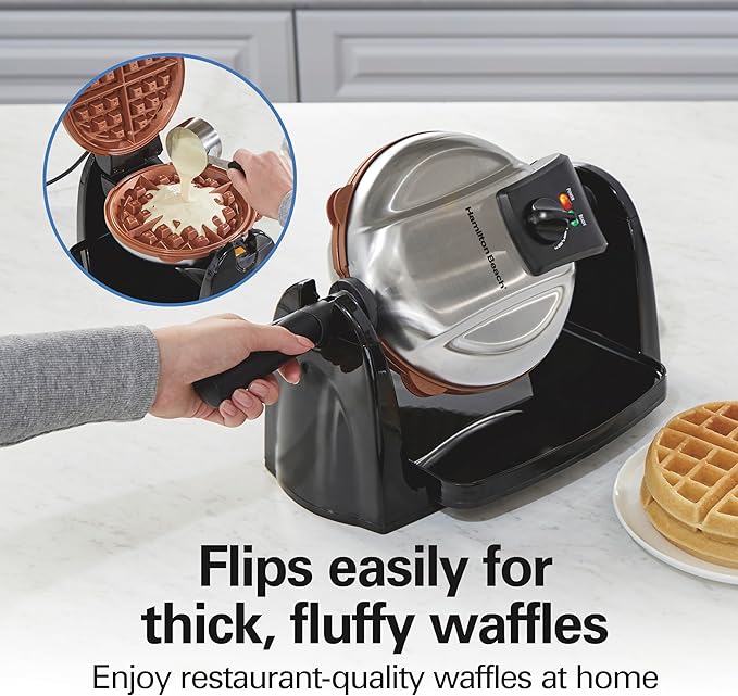 Hamilton Beach Belgian Waffle Maker with Removable PFAS-Free Durathon Nonstick Coated Plates, Easy Flip, Ceramic Grids, Black (26031)