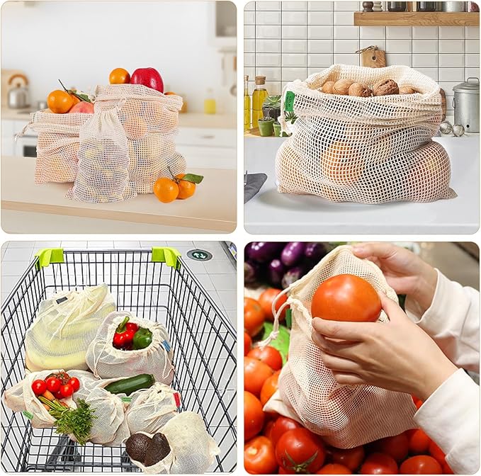 Ycsst Reusable Produce Bags 6 Pack, Cotton Mesh Vegetable Bags for Grocery Shopping, Washable Mesh Produce Bags for Fruits & Vegetables Storage (2S,2M,2L)