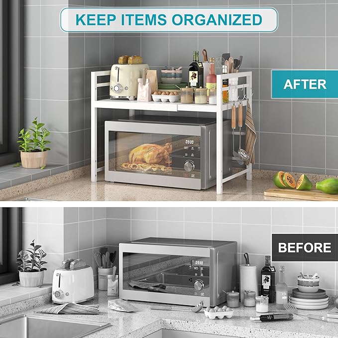 DOLALIKE Microwave Oven Rack, Expandable Microwave Stand Kitchen Countertop Organizer Utensils Storage, Carbon Steel Over Microwave Shelf with 3 Hooks (White, 2 Tier)