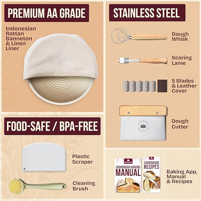 Superbaking Banneton Bread Proofing Basket, Sourdough Bread Baking Supplies, Round 9 Inch Sourdough Starter Kit, Proofing Basket for Baking, Bread Making Supplies Tools, Banneton Basket Gift Set