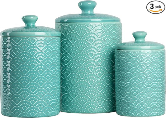 10 Strawberry Street Embossed Ceramic Kitchen Canister Set, Set of 3, Tide Blue