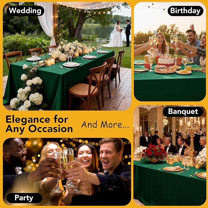 10-Pack Hunter Green Tablecloths for Rectangle Tables, 70 x 108 Inches, Stain-Resistant Polyester Fabric for 6 Foot Tables - Washable Table Covers for Weddings, Birthday Parties, Events