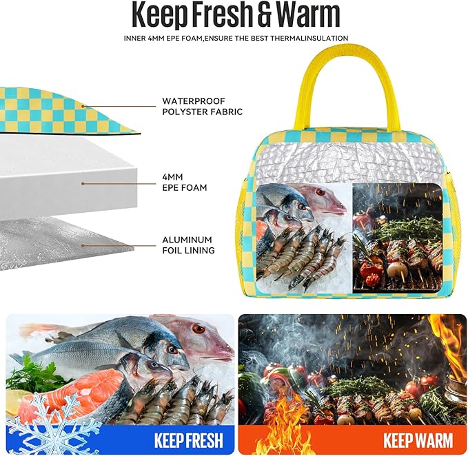 douyadady Lunch Bag Women/Men Lunch Box Women/Men (Yellow+Blue Checkerboard)
