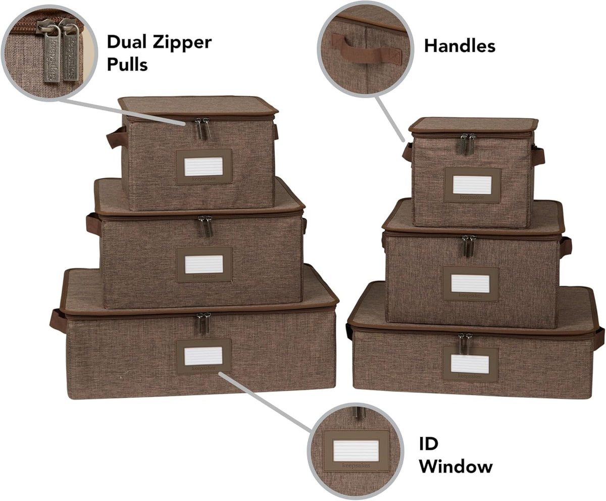 Covermates Keepsakes Dish Storage Box - Stackable, Reinforced Handles, China Storage, Brown Heather