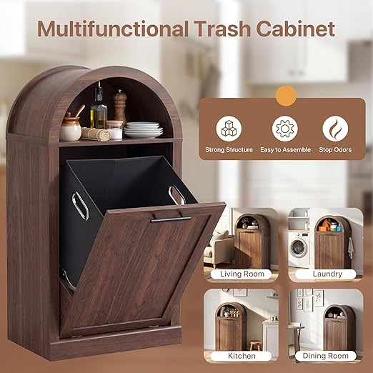 Seang Arched Tilt-Out Trash Can Cabinet,Laundry Hamper Cabinet with Foldable Laundry Basket,Wooden Hidden Garbage Can Cabinets with Metal Handle & Hooks,Walnut