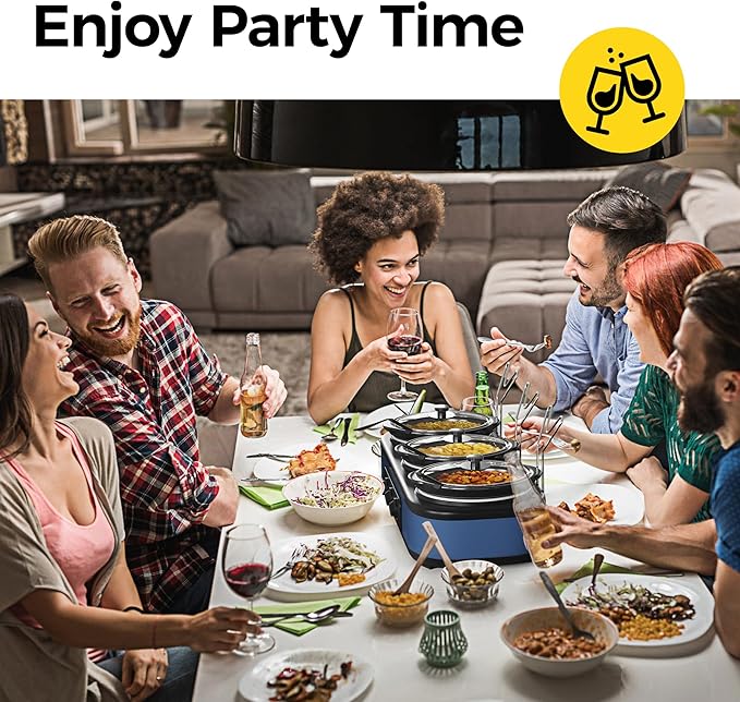 Sunvivi Triple Slow Cooker Buffet Servers and Warmer, Large 3 Pot Food Small Mini Manual Slow Cooker with Adjustable Temp Stainless Steel Lid Rests,Removable Ceramic Pot, 3 * 2.5 Quarts, Blue