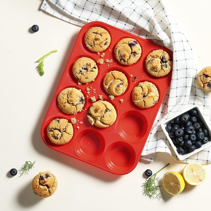 2 Pack 12 Cups Silicone Muffin Pan with Metal Reinforced Frame Regular Size Silicone Molds Cupcake Cake Baking Pans Cookie Baking Chocoflan Cupcake Mold Muffin Tray Dishwasher Safe BPA Free
