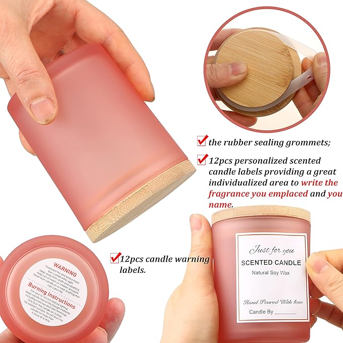 MILIVIXAY 12 Pack 7 OZ Frosted Pink Glass Candle Jars with Lids and Candle Making Kits - Bulk Empty Candle Jars for Making Candles - Spice, Powder Containers.