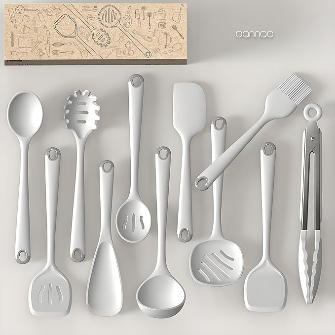 Thickened Silicone Kitchen Utensils Set, 600°F Heat Resistant Silicone Cooking Utensils, Spatula, Spoon, Whisk, Tongs, Kitchen Gadgets for Nonstick Cookware, Dishwasher Safe BPA Free (Cream White)