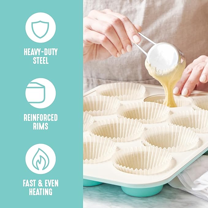 GreenLife 12-Cup Muffin Pan,PFAS-Free Healthy Nonstick Baking Tray,11.4" x 1.9" x 15.9",Durable Ceramic Bakeware,Cupcakes,Egg Bites,Tarts,Brownies,Turquoise,(Pack of 6)