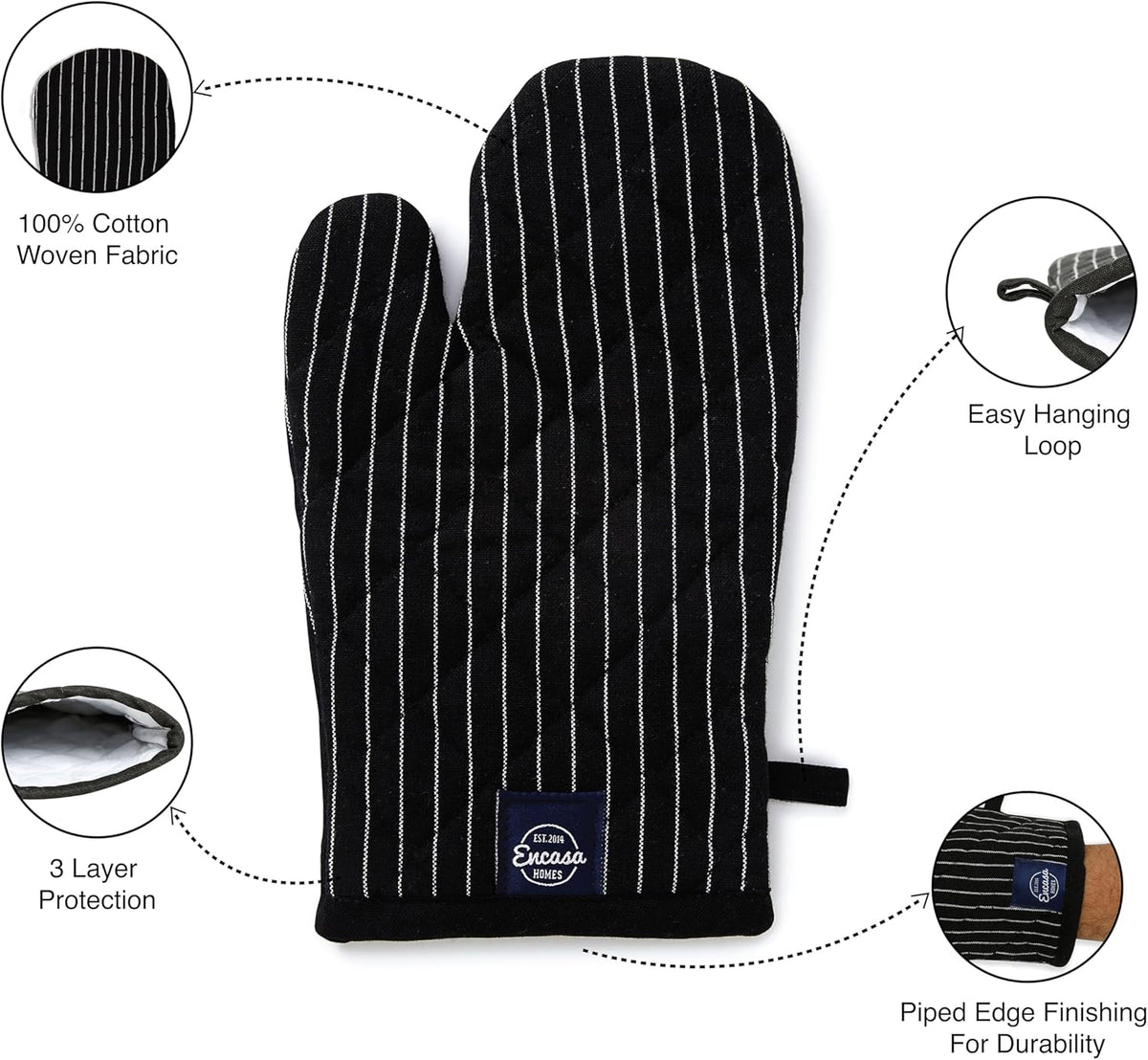 Encasa Homes Long 12" Oven Microwave Hand Gloves Mitts (2 pc Set) for Kitchen Cooking & Baking - Heat Resistant, Thick & Safe, Protection of Hands from Hot Utensils - Butcher Stripes Black
