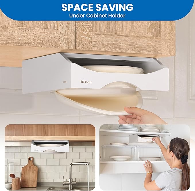 10-inch Paper Plate Dispenser Under Cabinet, Bamboo Paper Plate Holders, Kitchen Counter Vertical Plate Dispensers Holders Countertop Caddy (For 10-inch Plates, White)