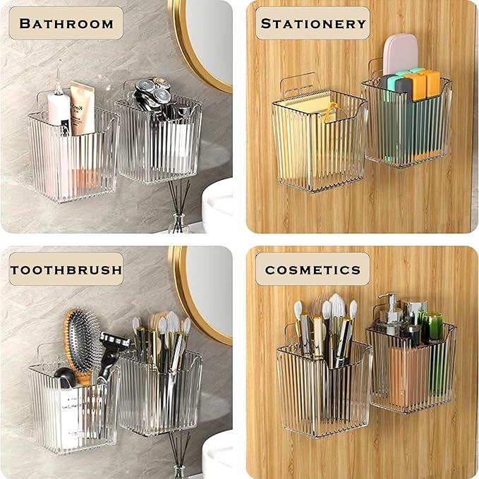 4 Pack Acrylic Wall Mount Organizer, Adhesive Cabinet Door Storage Bins, Clear Makeup Containers, Stackable Organizer Basket for Kitchen, Bathroom, Cabinet, Pantry, Office