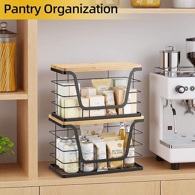 ALOCEO 2 Pack Storage Stackable Kitchen Laundry Organizers with Bamboo Top, Large Trash Bag Holder and Small Garbage Bag Dispenser for Countertop Organization