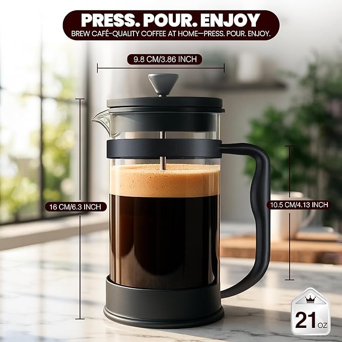 Utopia Kitchen Borosilicate Glass French Press Coffee Maker 21 Oz, Heat-Resistant Cafetiere & Tea Maker, Thickened Glass Coffee Press for Travel and Camping, Black