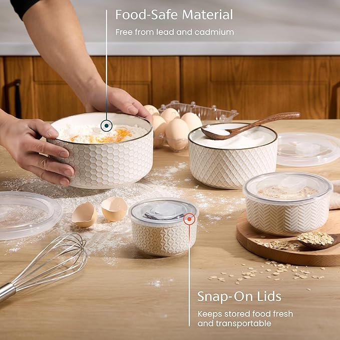 KooK Serving Bowls, with Lids, Ceramic Nesting Bowls, Set of 4, Embossed, Kitchen, Prep, Stackable, Gift, Microwave and Dishwasher Safe, 10/16/29/47 oz, Narbonne Collection (Ivory)