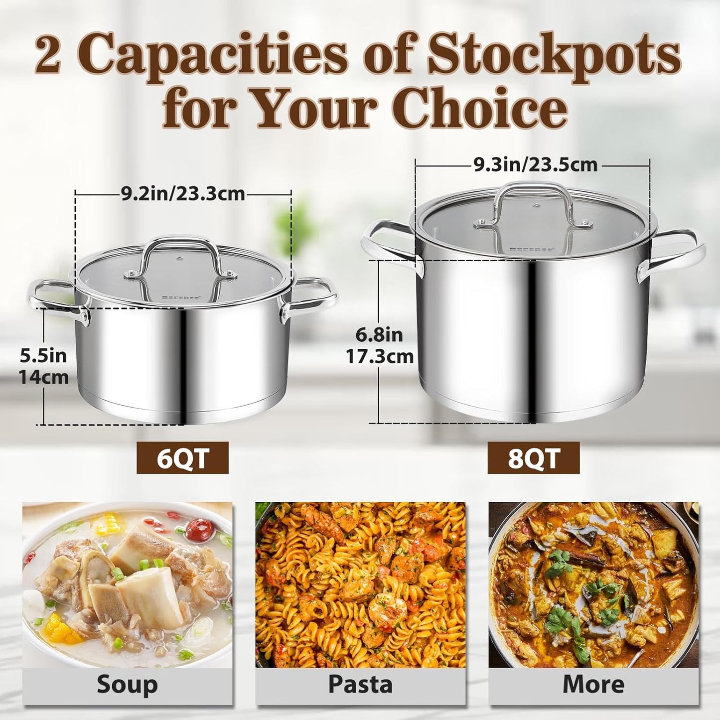 Rorence 8 Quart Stainless Steel Stockpot,Tri-Ply Base Large Pot for Cooking with Lid for Soup, Pasta, Vegetable, Induction Cooking Pot for All Stoves, Oven & Dishwasher Safe