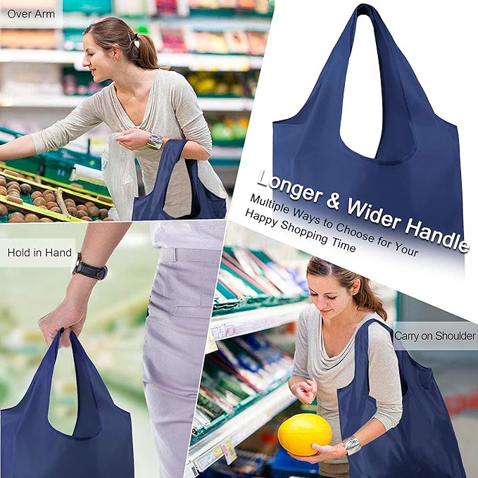 BeeGreen 20 Pack Navy Blue Reusable Grocery Bags with Storage Pouch Wholesale Reusable Shopping Bags Bulk w Elastic Band 50LBS X-Large Foldable Tote Bags Machine Washable-Heavy Duty Cloth Bags