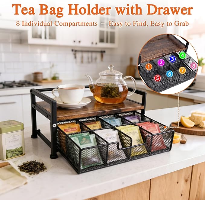 Tea Bag Organizer, Wooden Tea Storage Box with Metal Drawer, 8-Compartment Tea Bag Holder, Tea Station Display Case for Countertop Kitchen, Office, Pantry