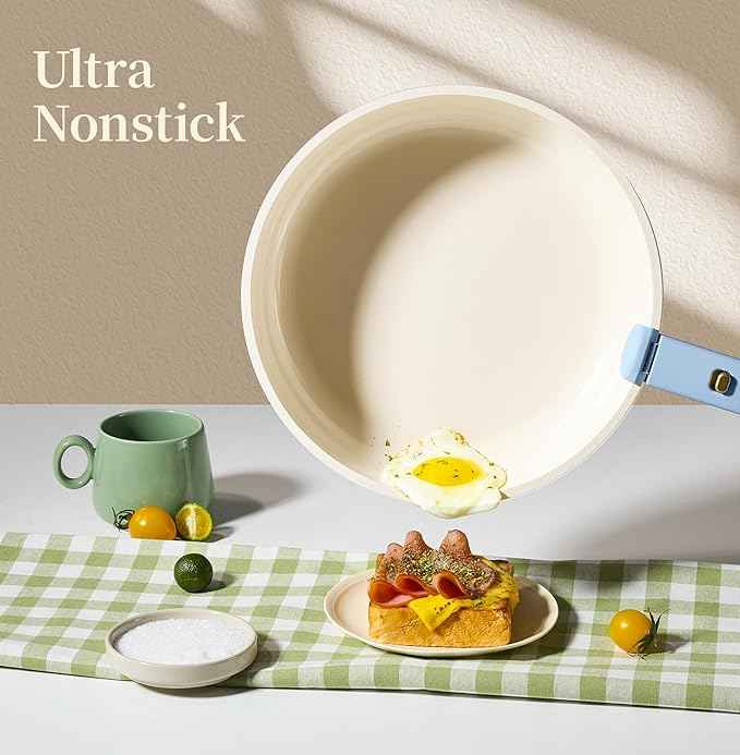 CAROTE 15Pcs Ceramic Cookware Set, Pots and Pans Set Non Stick, Kitchen Cooking Set with Detachable Handle, Non Toxic Induction Cookware, Dishwasher/Oven Safe