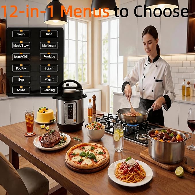 Simple Deluxe 8QT Electric Pressure Cooker, 16-in-1 & Non-Stick Stainless Steel Multi Cooker with 12 Presets for Slow Cook, Meat Stew, Steam, Sauté, Canning, Yogurt Maker, Dishwasher Safe, Silver