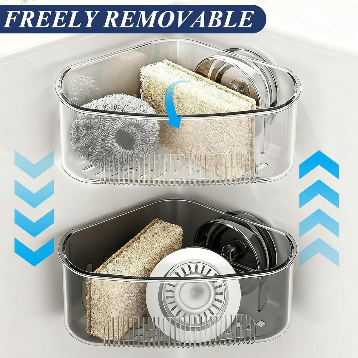 Sink Strainer Basket, Triangle Suction Cup Sink Corner Rack, New Upgraded Corner Sink Strainer with Drainage Hole, Punch-Free Corner Sink Trash Catcher for Kitchen and Bathroom (Black)